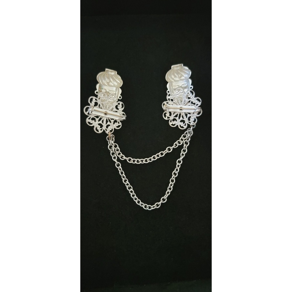 Vintage Turban Man Face Brooch Collar Chain‎ Silver Tone Gem Accent